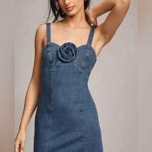 Porridge Anthro Denim Mini Dress with Floral Detail Size Small EUC